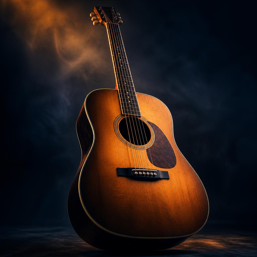 Violão acústico em destaque com iluminação dourada